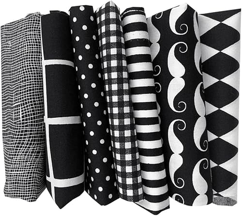 Miniatura 2 de Amornphan Paquete de 7 piezas 100% de algodón impreso de la serie negra, tela acolchada para costura de retazos, hecha a mano, artesanía, máscara