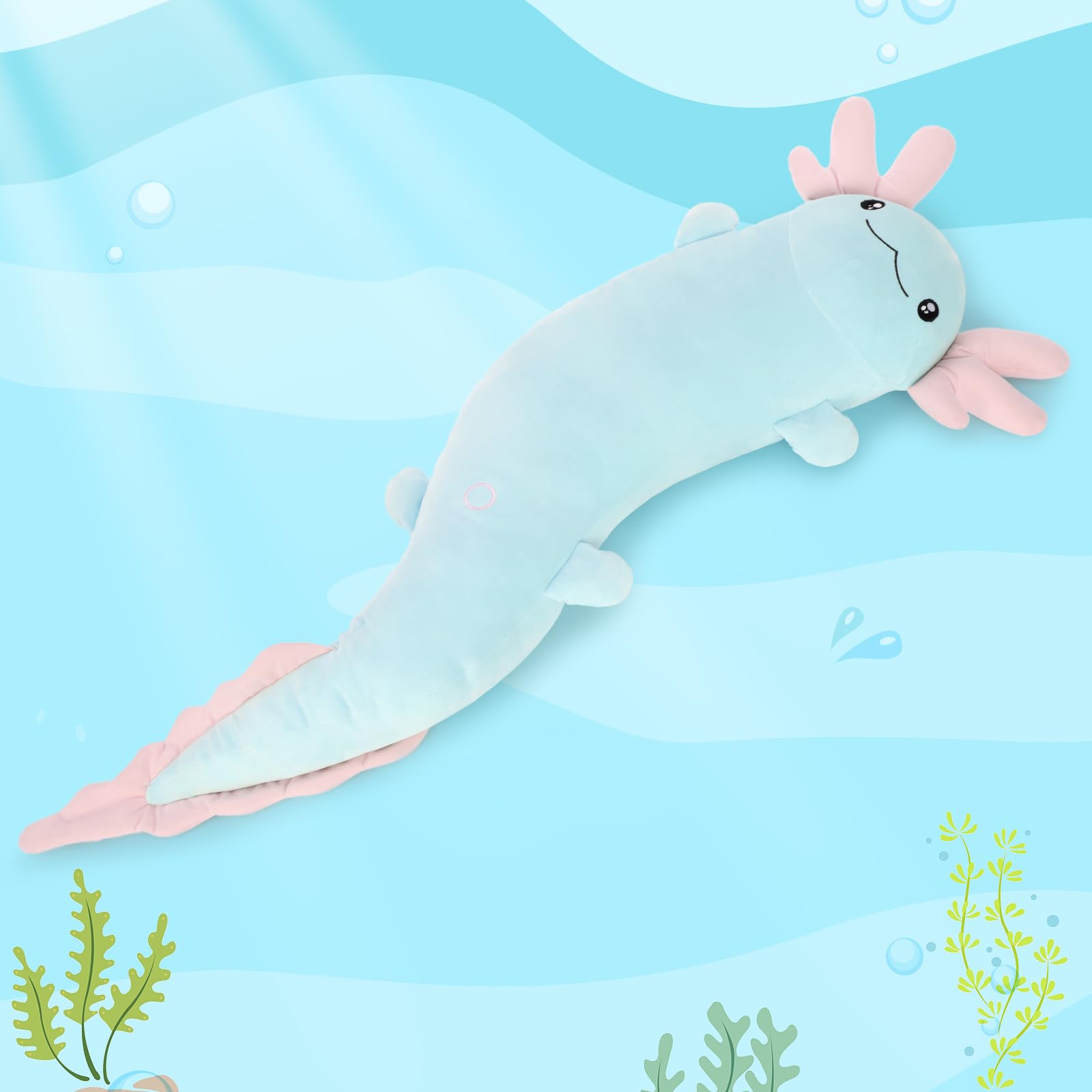 MorisMos 122cm lang Axolotl Kuscheltier XXL Kissen, Geburtstag Geschenk für Kinder Baby,blau rosa