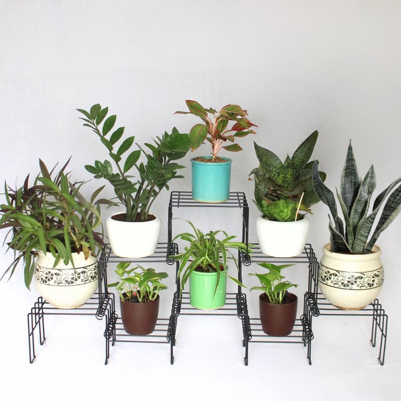 Meshable Moso Plus Flower Pot Stand | Elegant and Functional Floor-Mounted Plant Stand | Rust Free Pot Stand For Indoor & Outdoor | DIY Stand for 8 Plants | Black