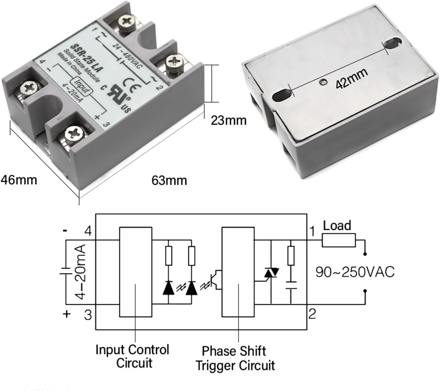 SSR-10LA SSR-25LA SSR-40LA SSR Solid State Relay Current Type Regulator Voltage AC24-480V Output 4-20mA Module Input(SSR-40LA)