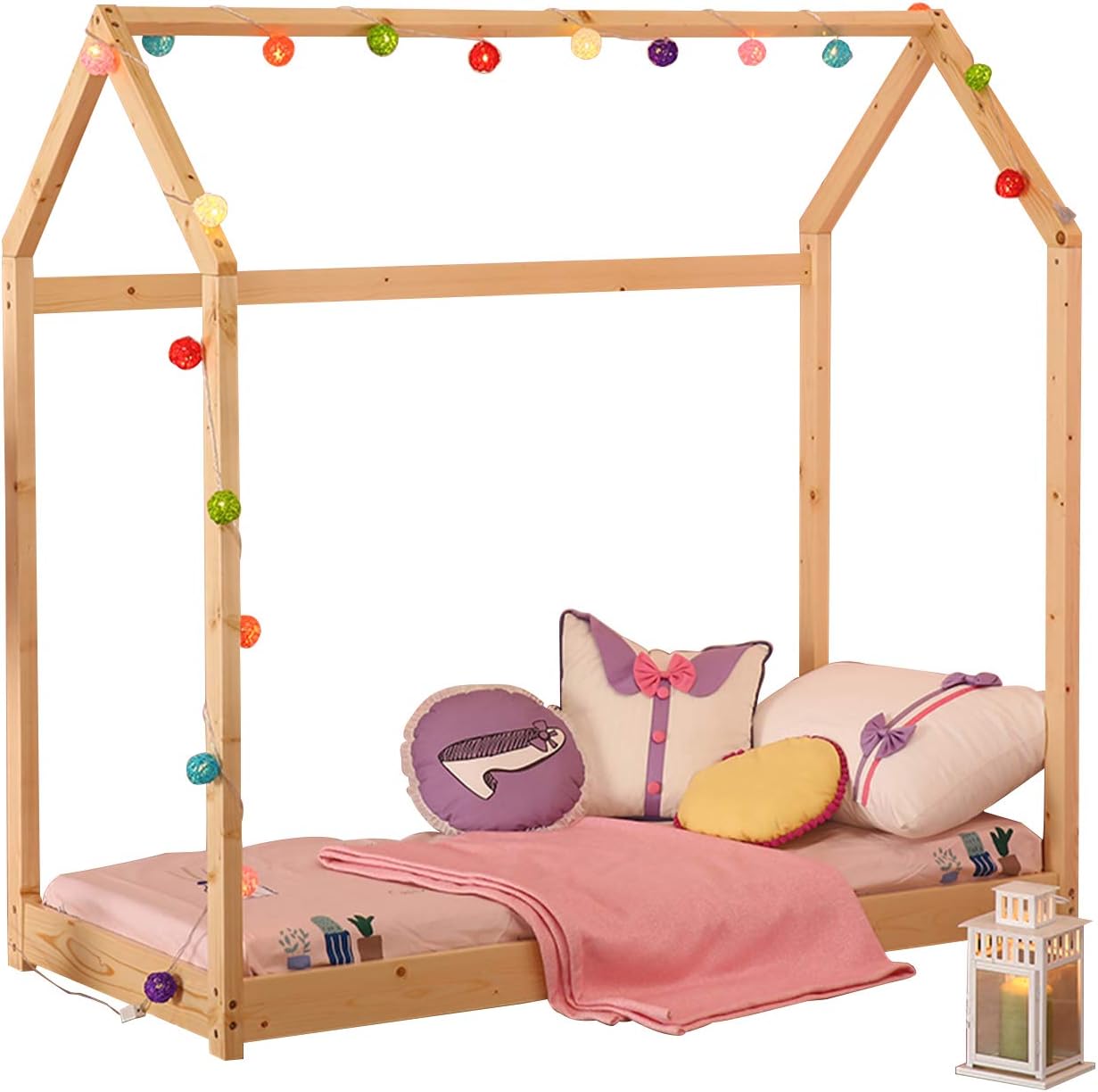 Silverylake Twin Size House Bed Frame Toddler Floor Bed Bedroom Furniture for Kids Baby Son Daughter boy Girl