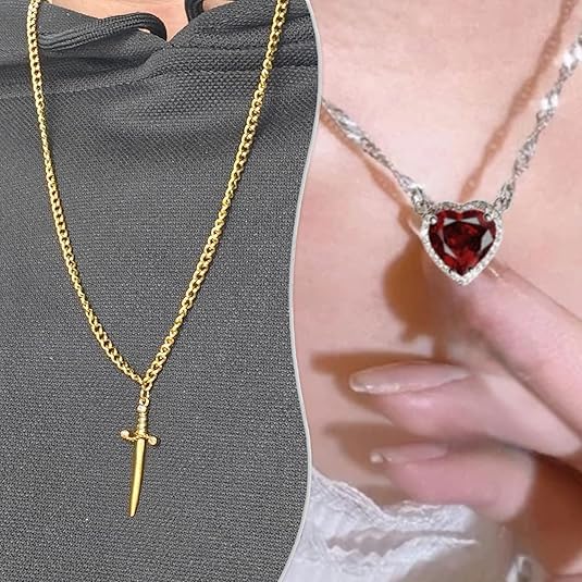 Image of figurine Gothic Jewellery, Friendship Necklace, Matching Necklace, Red Heart Pendant Collarbone Chain for Women and Girls