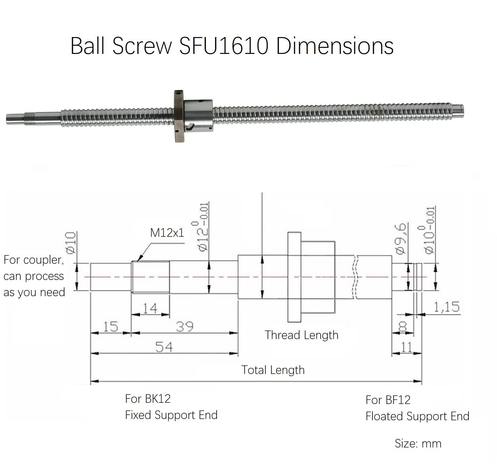 1610 Linear Motion CNC Ball Screw with Anti Backlash Nut, Coavoo SFU1610 1180mm / 46.46 inch 16mm Ballscrew with Standard End Machine for BK12 BF12