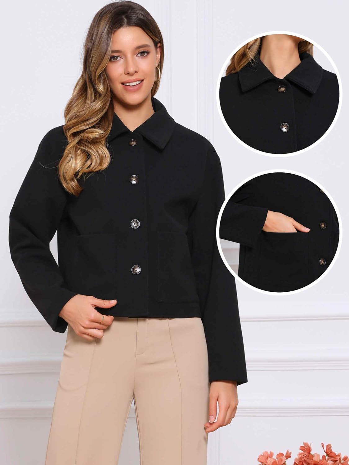 Allegra K Short Pea Coat for Women Casual Long Sleeve Single Breasted Jacket Coats Fall Winter Outerwear - Image 4