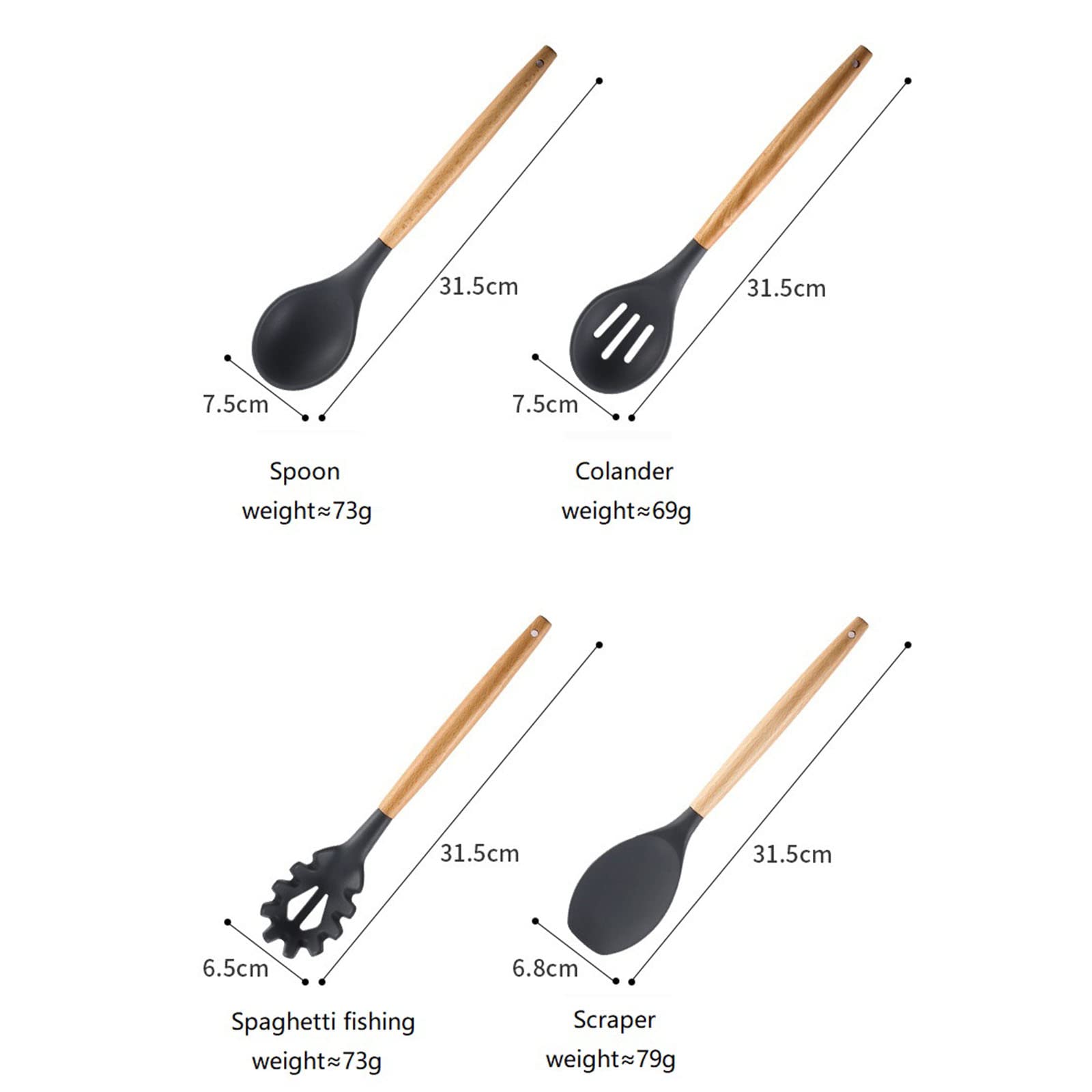 Set di utensili da cucina, 12 pezzi, in silicone, con manico in legno, spatole termiche per utensili antiaderenti
