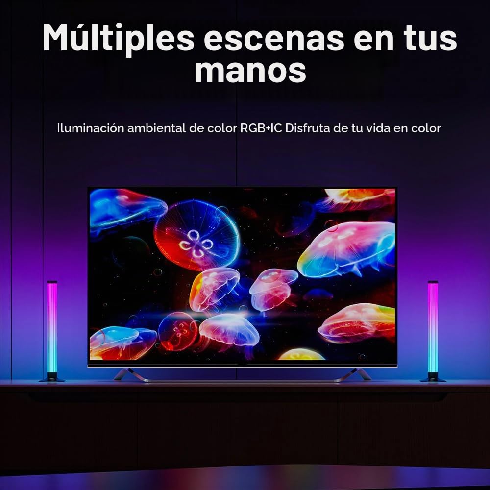 Barra LED RGBIC 43cm, Retroiluminación TV 360°, Pack de 2 | Luz 360 Grados; Largo de 43 cm, Sincronización Música; Efectos RGBIC; Puerto USB 5V; Control por Cable y App