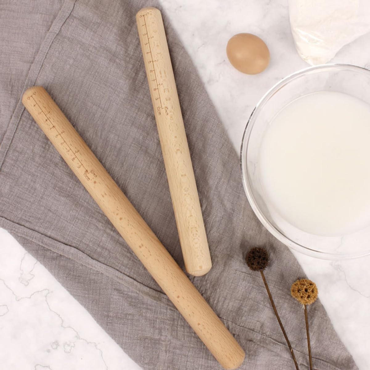2pcs Wooden Rolling Pin with Scale, 30cm Beech Dough Roller Stick, round Head Dumpling Wrapper Rolling Pins for Baking and Kitchen Use
