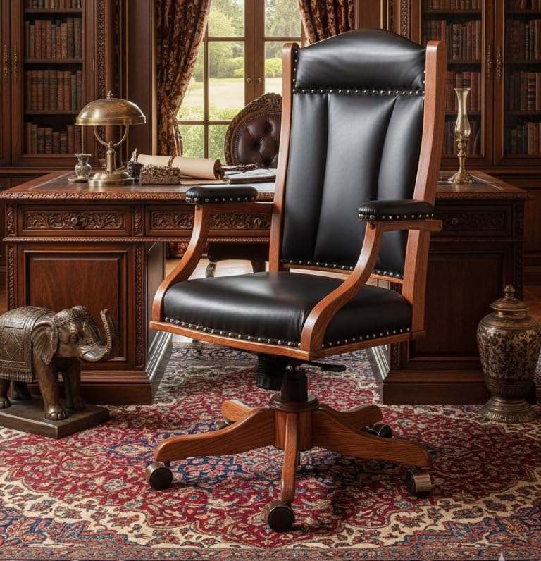 Image of Best Black Classic Leatherette Wooden Direcotor Executive Office Chair | Armrest and Revolving Chair | Wooden Chair | Wooden Base Chairs (111012154)