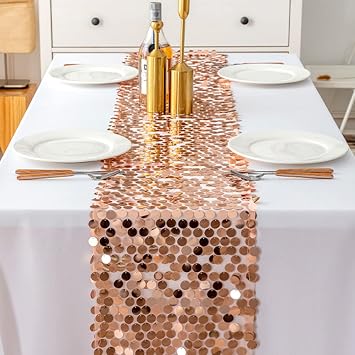 Table Runner 108 inches Long, Sequin Glitter Rose Gold Table Runners, Pink Table Cloth Home Table Decorations for Wedding Holiday Birthday Dining Party 12 x 108 Inch