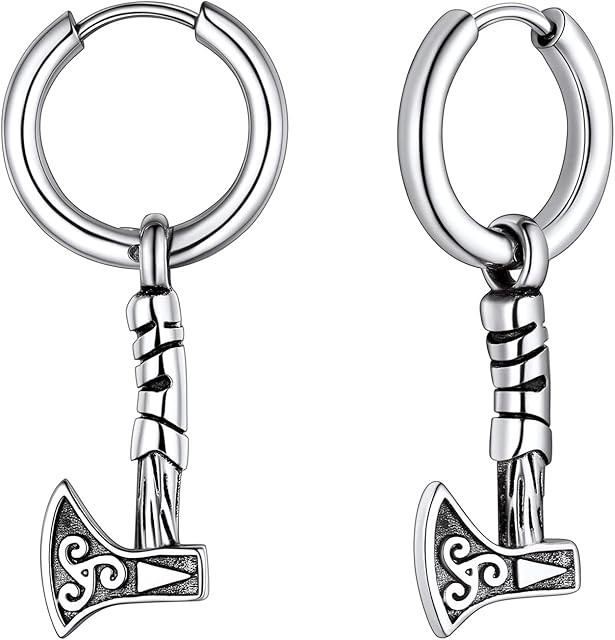 FaithHeart Viking Earrings for Men Women Vintage Norse Axe/Thors Hammer Earring Dangly Stainless Steel Huggie Hoops Ear Drop Stainless Steel/Gold/Black Plated