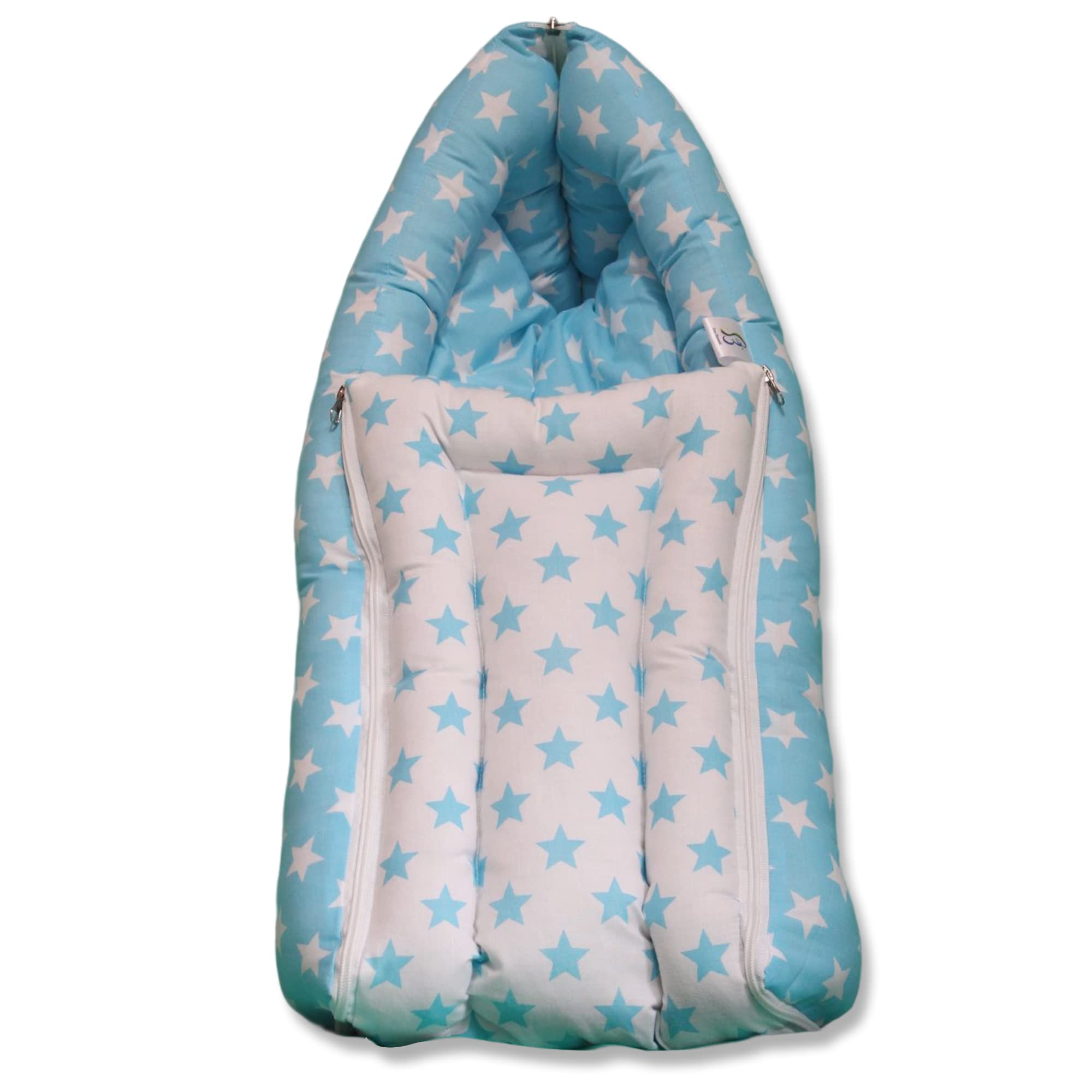 S3 Stay Blessed Shining Star 2 in 1 Baby's Cotton Bed Cum Carry Bag Printed Baby Sleeping Bag-Baby Bed-Infant Portable Bassinet-Nest for Co-Sleeping Unisex Baby Bedding for New Born 0-12 Months Old (Sky Blue & White)