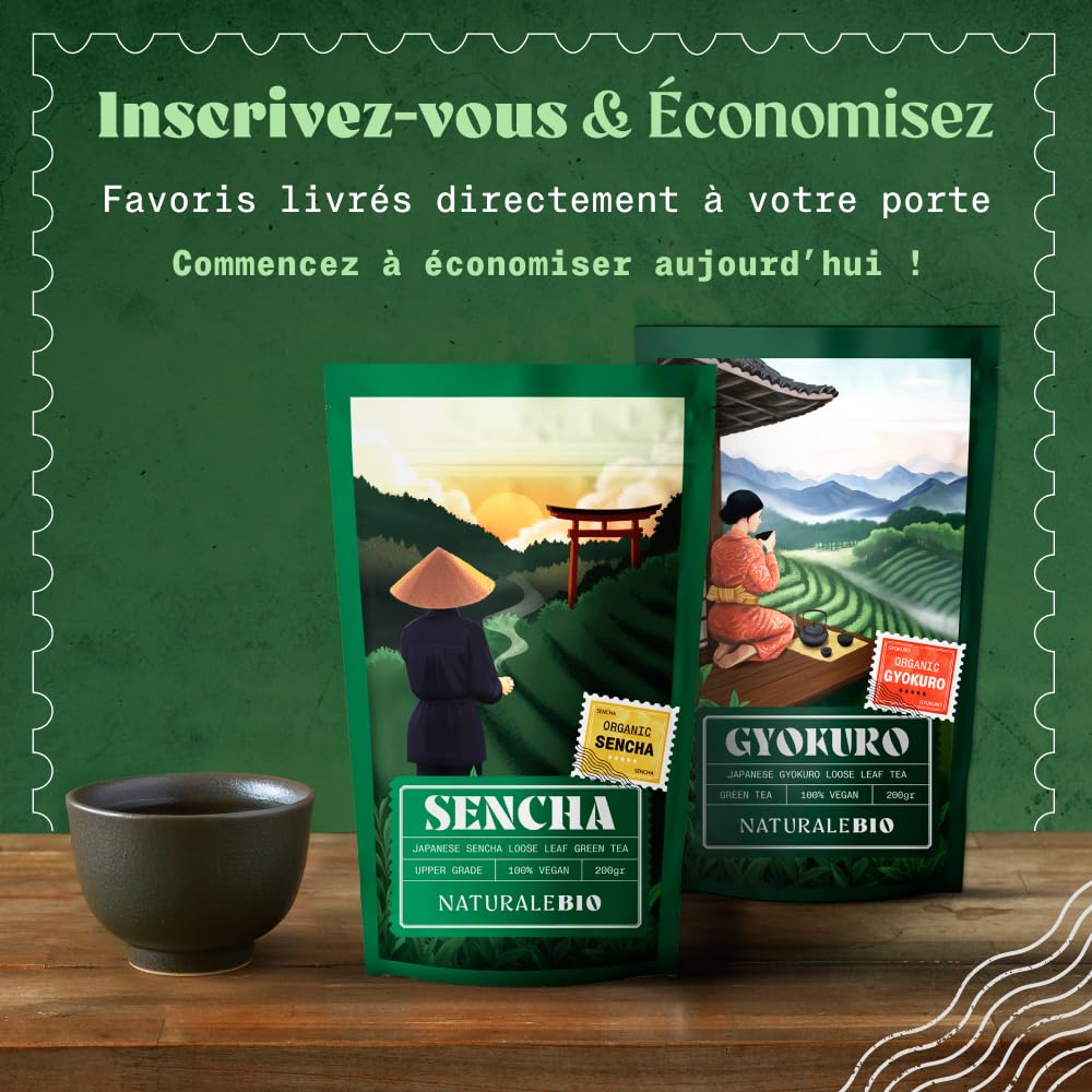 NaturaleBio Thé vert Sencha Japonais Bio - Upper grade - de 200g. Bio, Naturel et Pur, Thé vert en vrac de première récolte cultivée au Japon. Organic Japanese Sencha Green Tea.