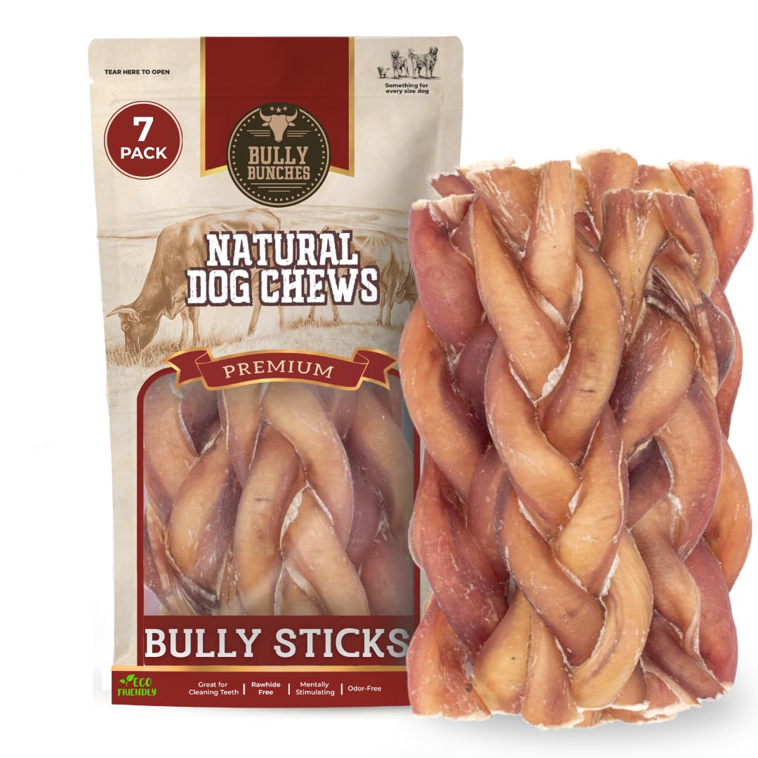 Bully Bunches All Natural (6" Jumbo - 7 Pack) Braided Bully Sticks - Odour Free, Rawhide Free, Chemical Free - Safe, Long Lasting Thick Beef Dog Chews - Fully Digestible Treat for Small &amp; Medium Dogs