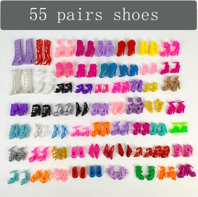 Fashion Doll Shoes Set - 55 Pairs for 11.5" Doll, Assorted Colors, High Heel, Boots & Flat Shoes