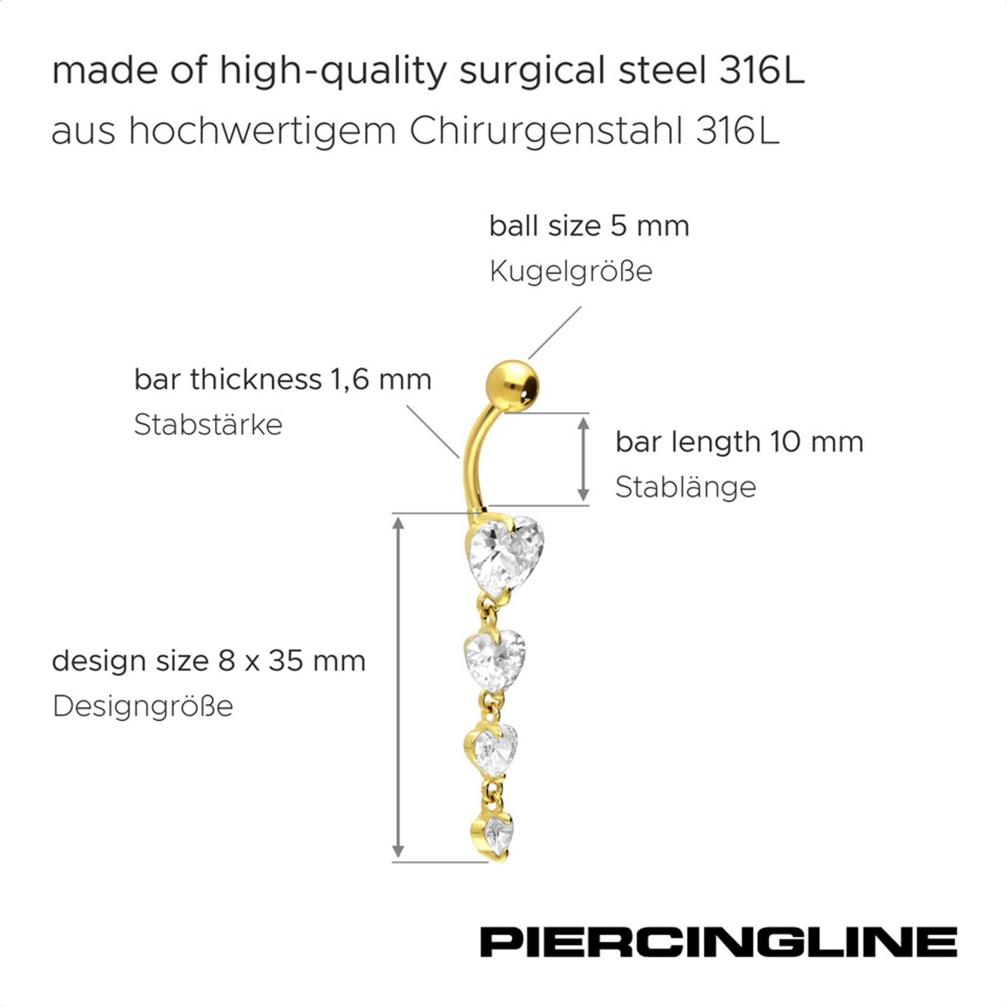 PIERCINGLINE surgical steel belly button piercing with 4 hanging crystal hearts in brass design - Bananabell Piercing in gold, rose or silver