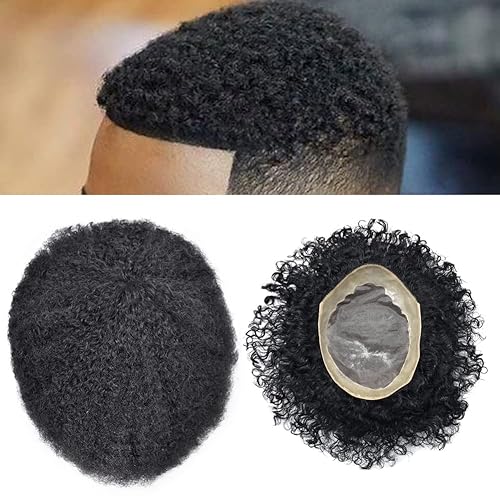 Miniatura 7 de Peinado humano afro Toupee para hombres, sistema de cabello rizado rizado para hombres negros, base fina mono, rizada, unidades de cabello tupee