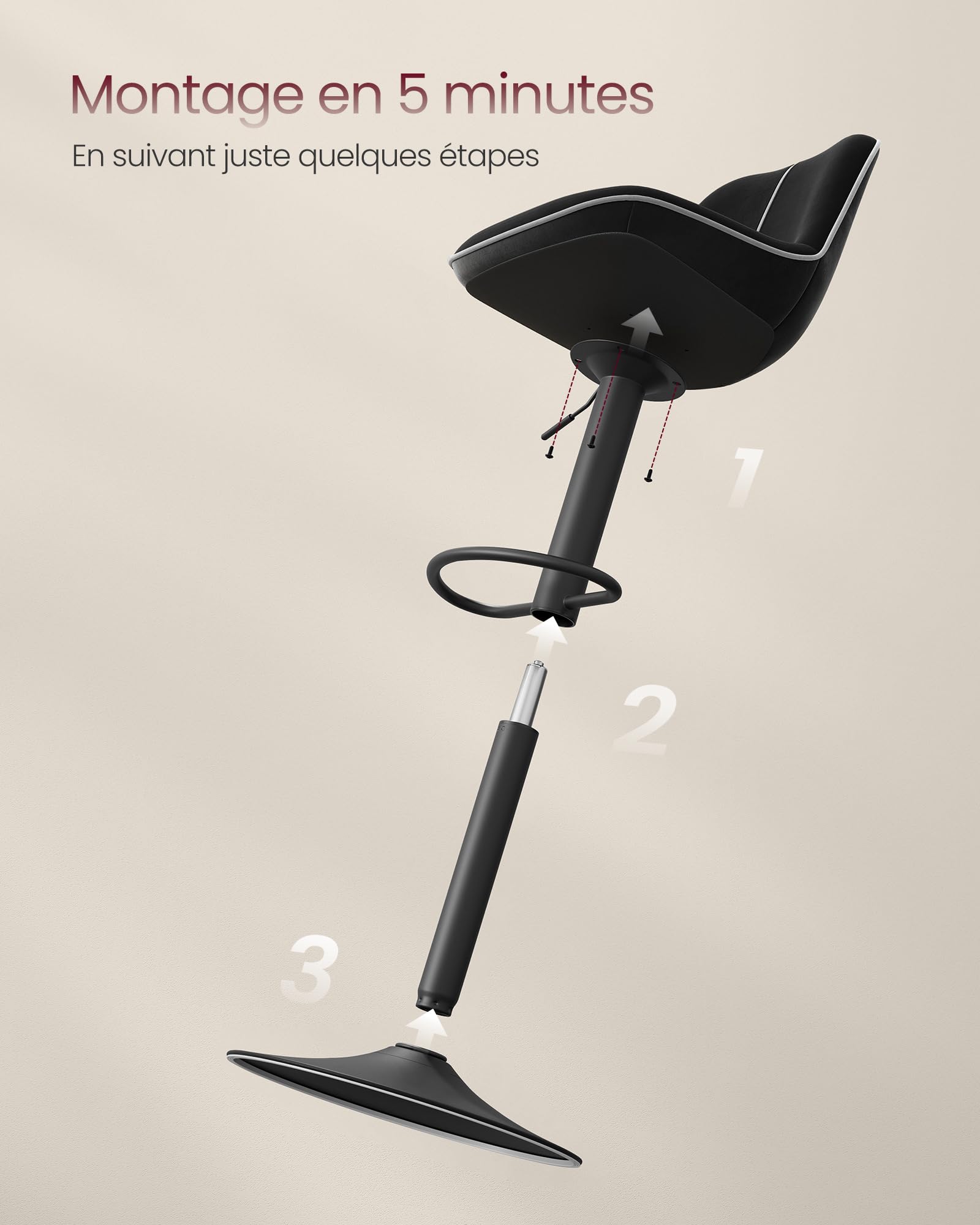 VASAGLE Lot de 2 Tabourets de Bar, Pivotants, Réglables en Hauteur, Dossier Ergonomique, Velours, Base Métallique, Modernes, pour Îlot de Cuisine, Bar, Noir d'encre LJB188B01
