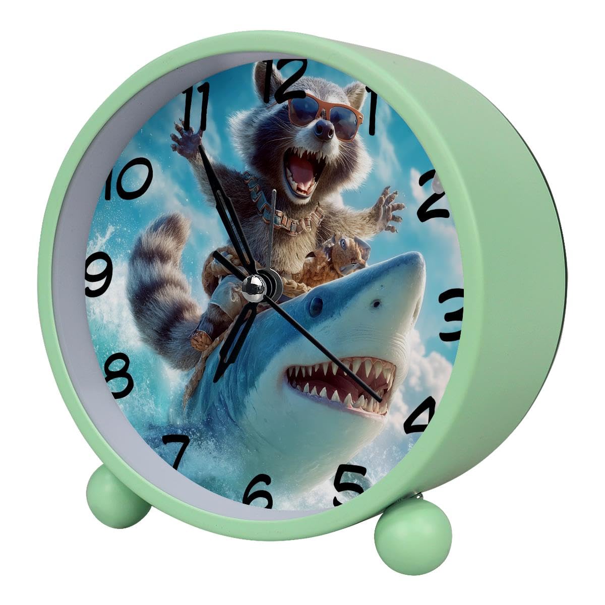 Luoweisi Analog Alarm Clock Raccoon Riding Shark Ocean, Silent Non-Ticking with Night Light, Battery Operated, Round Desk Alarm Clock for Office, Bedroom, Elderly, Adults, Children, Student Gifts
