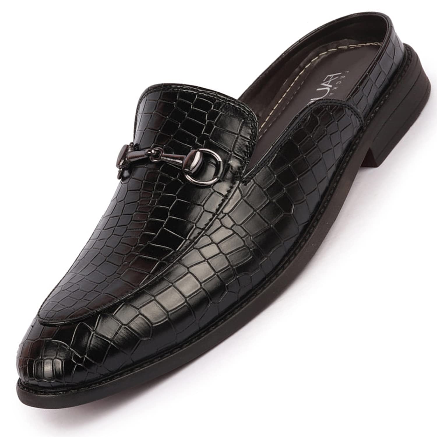 FAUSTO Men Embossed Leopard Print with Horsebit Buckle Ethnic Party Back Open Slip On Mules Shoes (Black, Numeric_9) (B0BBRV6ZDK) Amazon Price History, Amazon Price Tracker