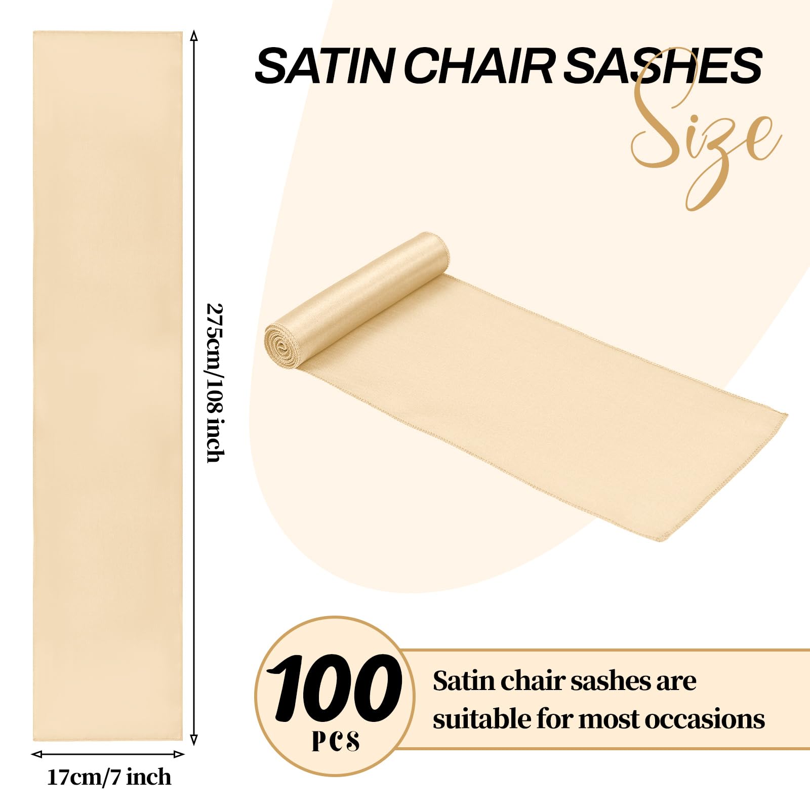 Pesonlook 100 Stück Champagner Gold Satin Stuhlschärpen Stuhl Dekorative Schleife Entworfene 17 x 275 cm Stuhlschärpen Schleife Krawattenband für Hochzeit Party Hoteldekoration (Champagner Gold)