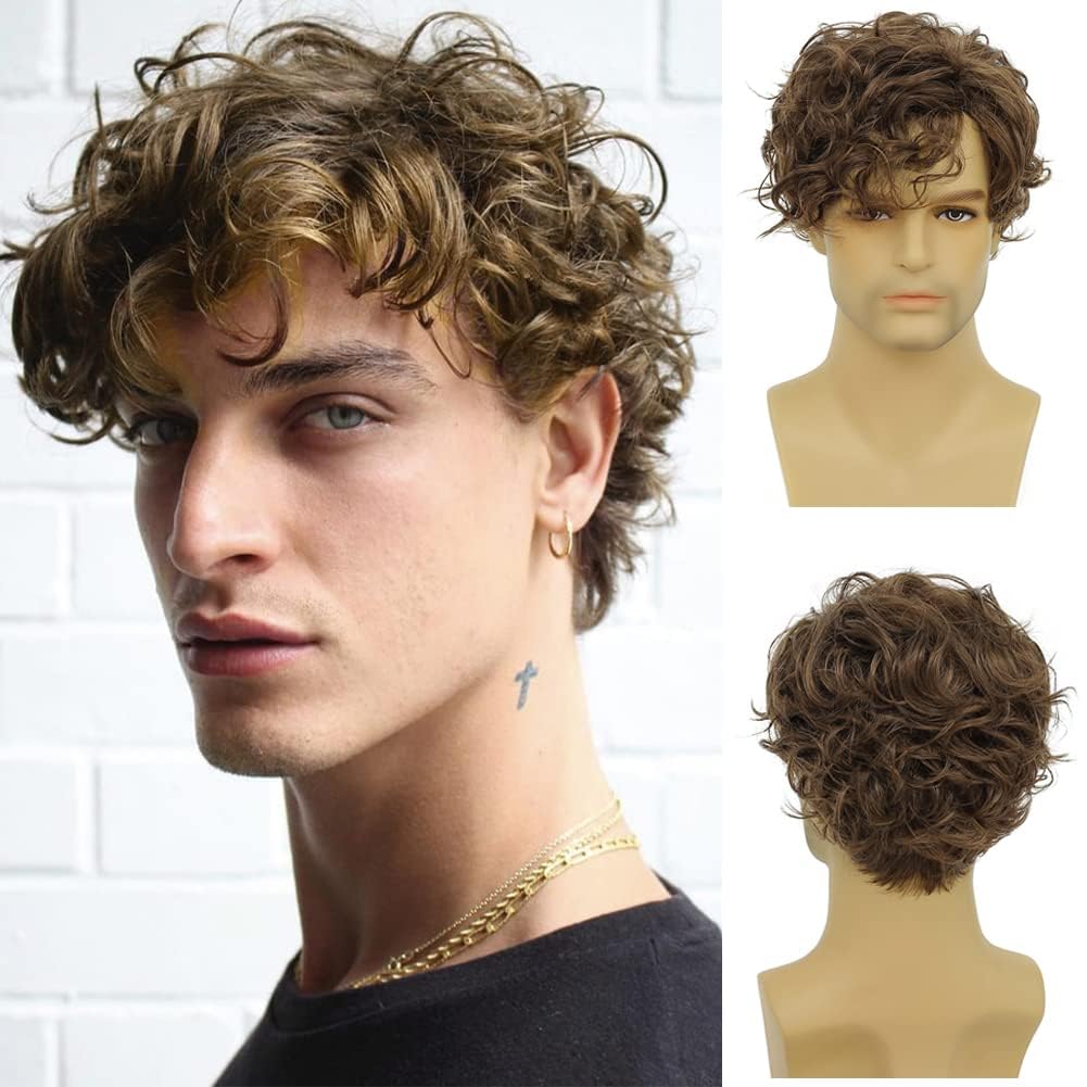 KASTWAVE Short Brown Wigs for Men, Curly Layered Natural Looking Side Part Hair Heat Resistant Synthetic Wigs with Wig Cap, Brown