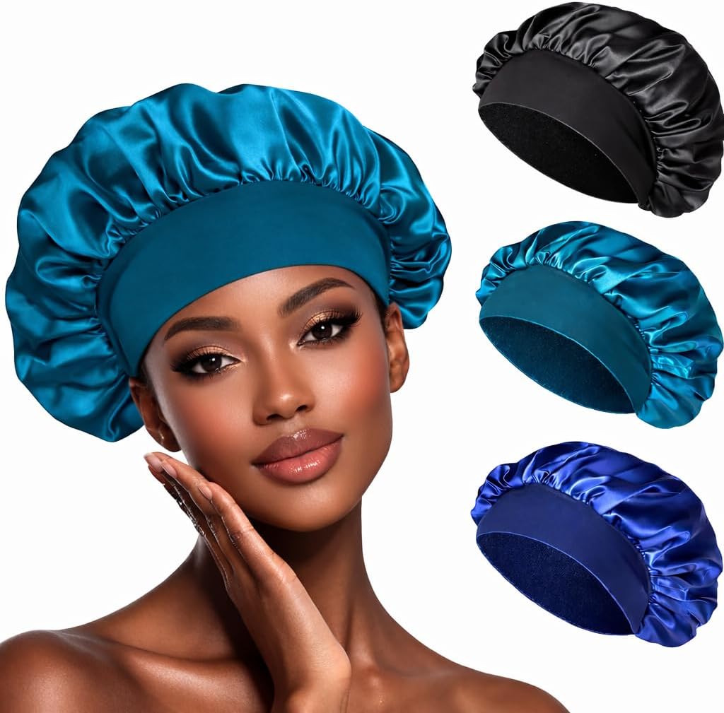 サテンボンネット、睡眠用両面シルクヘアラップ、ワイドゴムバンド付き寝用ナイトキャップ、シルクボンネットはロングヘアやカーリーヘアに適しています