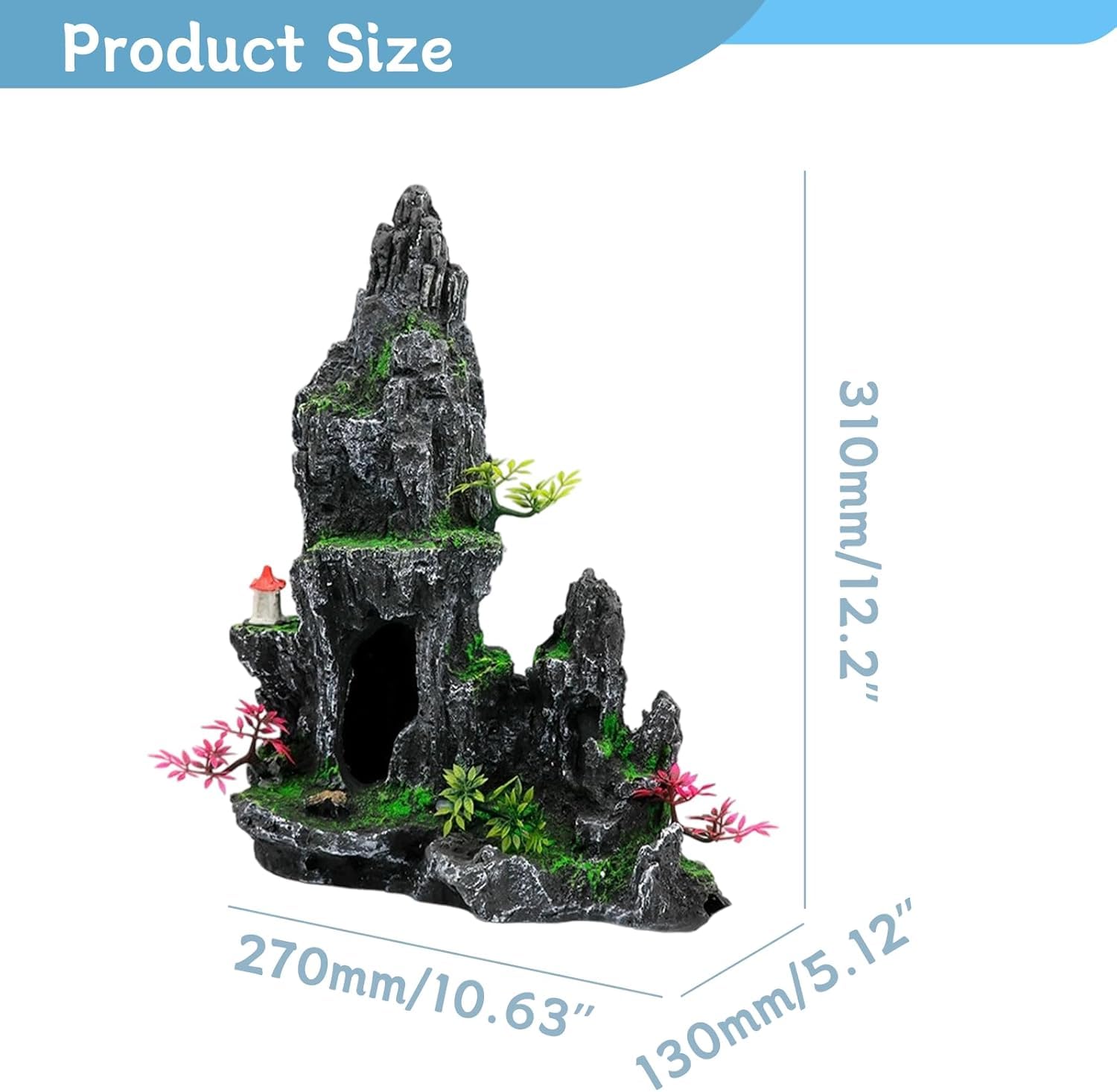 Decorazione per acquario in resina extra con grotta e casa sull'albero, grande ornamento tematico per acquario, decorazione per acquario (con piccoli pesci e piante acquatiche in plastica di
