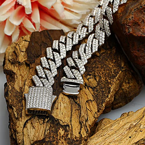 Savearth Diamonds 18.75 Ct Round Cut Lab Created Moissanite Diamond 12Mm Width Cuban Link Chain Necklace In 14K White Gold Over Sterling Silver 20" Length, Color : G-H, Clarity : Vvs1 #TOP4
