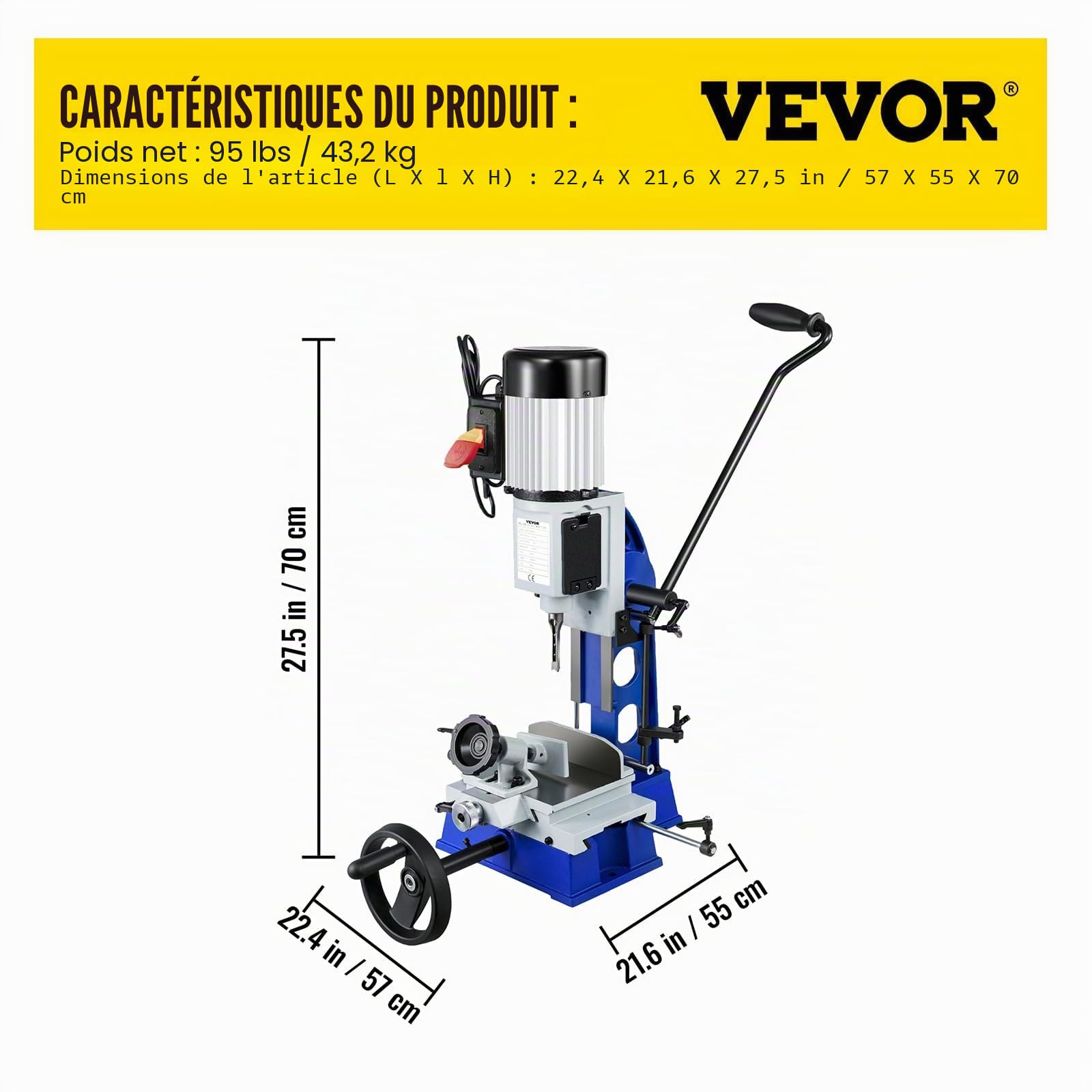 VEVOR Mortaiseuse à Bédane Carré, 1/2 CV, Machine à Percer Bois avec Établi Mobile, Capacité du Burin 6-12 mm, Capacité du Mandrin 13 mm, 1700 tr/min, Facile à Installer, pour Travail Perçage du Bois