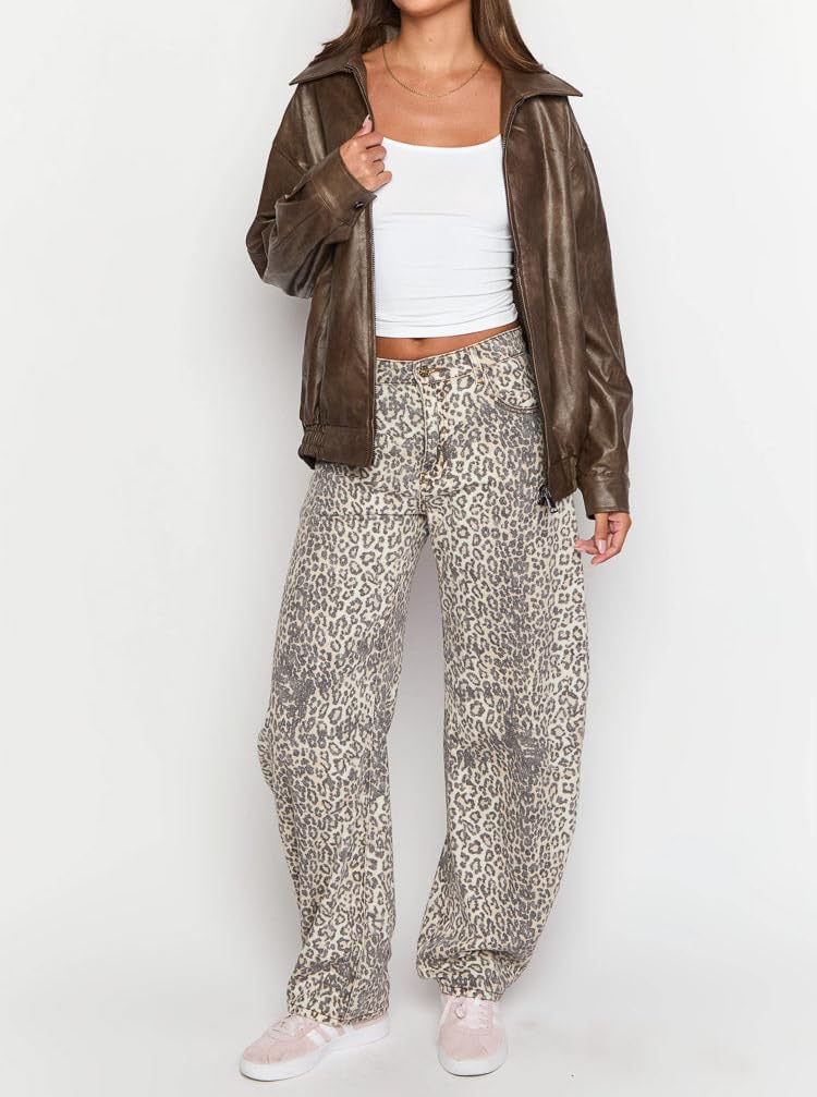 Women's Leopard Print Mid Rise Light Weight No Stretch Wide Leg Pants Baggy Jeans - Image 2