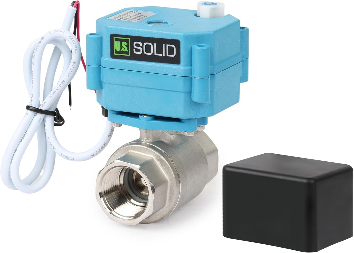 U.S. Solid Motorized Ball Valve - IP67 3/4inch Stainless Steel Ball Valve 110-230V with Waterproof Cover, Full Port, 2 Wire Auto Return, Manual Function, NPT, Normally Open