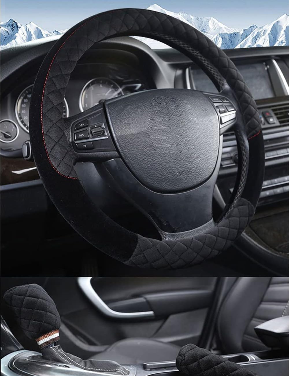 15inch Short Plush Fuzzy Steering Wheel Cover Plush Handbrake Cover Gear Shift Cover 1 Set 3 Pcs (Black)