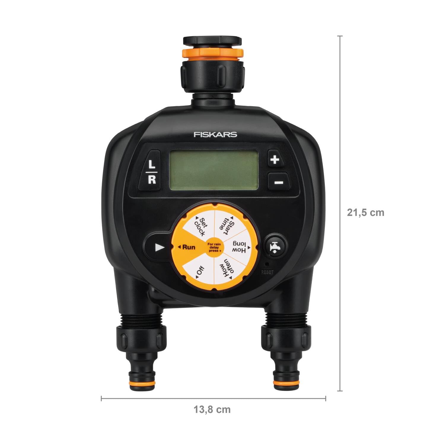 Fiskars Programmateur à 2 Sorties, Pour toutes les Tailles de Robinets courantes, Écran LCD facile à lire, Taille universelle, 580 g, Noir/Orange, 1054792