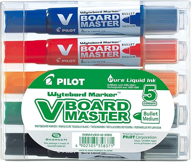 Pilot Begreen Recycled V Board Master Whiteboard Marker Bullet 6.0 mm Tip - Black/Red/Blue/Green/Orange, Wallet of 5