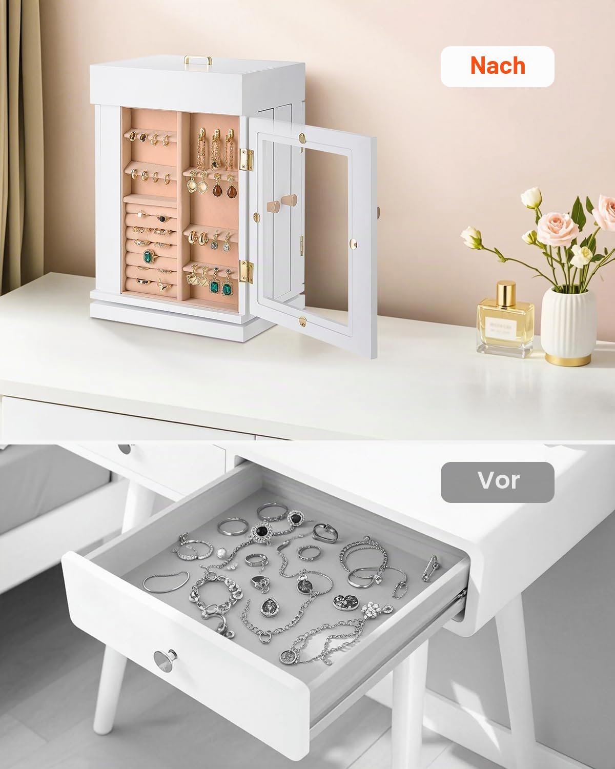 VEVOR Schmuckkästchen 360° drehbarer Schmuckkasten mit magnetischer Tür & Acrylfenster & 4 integrierten Halskettenhaken, Aufbewahrungskoffer mit Metallgriffen, Bodenpolster & weichem Samtfutter
