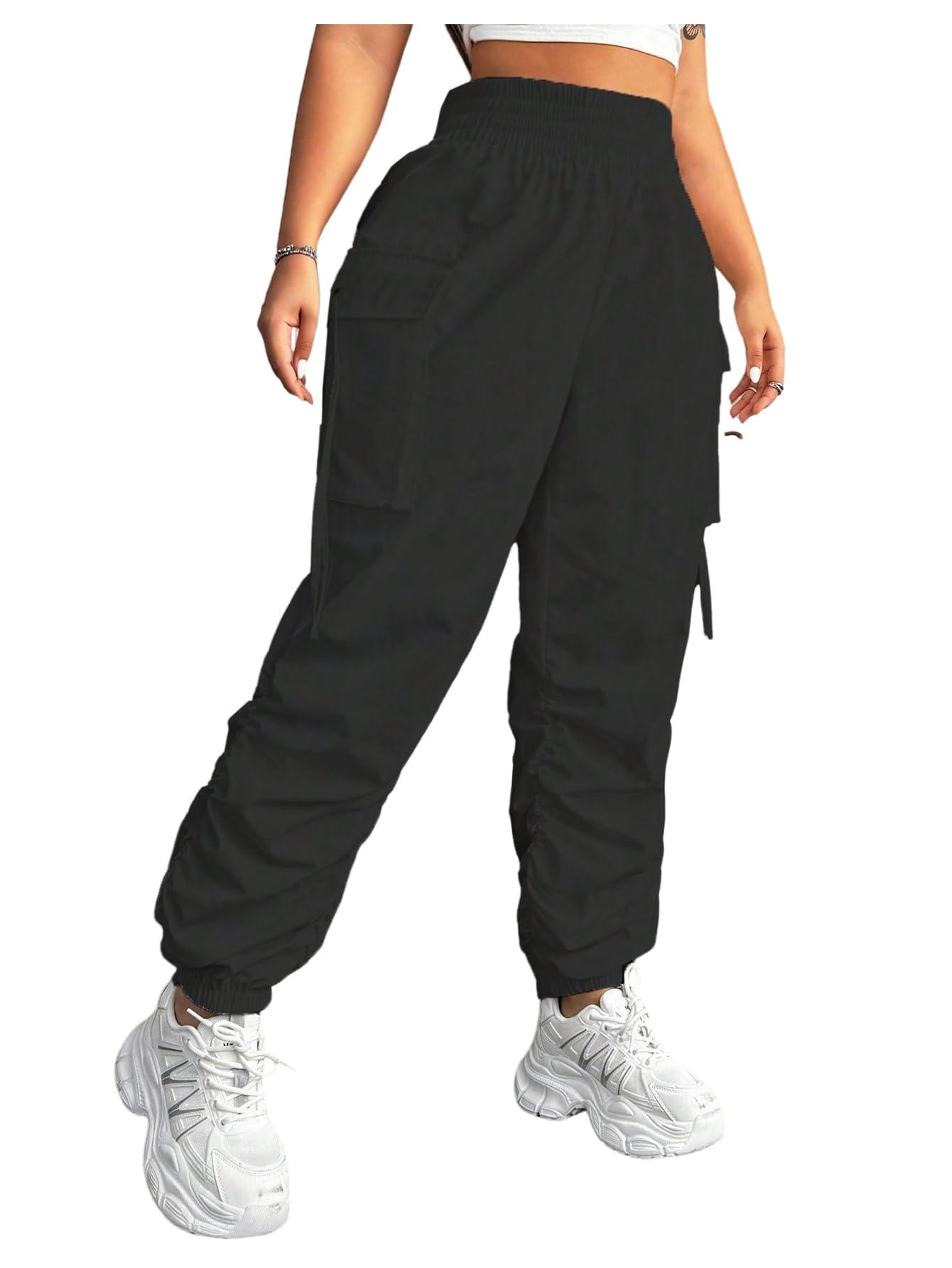 OYOANGLE Womens Plus Size Cargo Pants Elastic High Waisted Ruched Workout Joggers Pants Streetwear