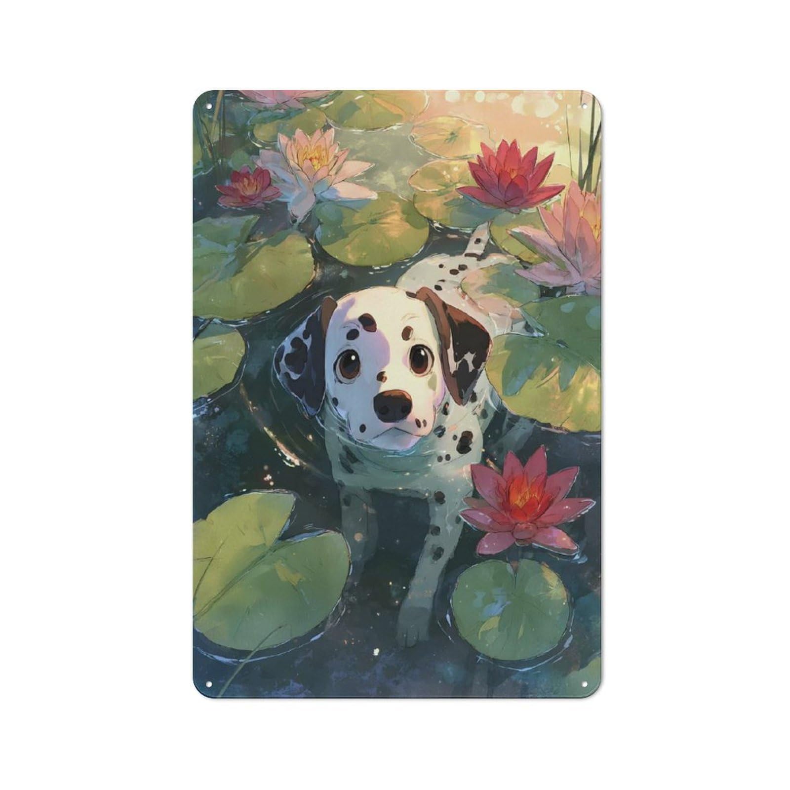 Junmoney Style-12 Dalmatian Puppy In A Lily Pond Rustic Tin Sign 30X20cm For Lounge Or Reading Corner, For Metal Sign Collectors, For Cafés, Pubs And Restaurants
