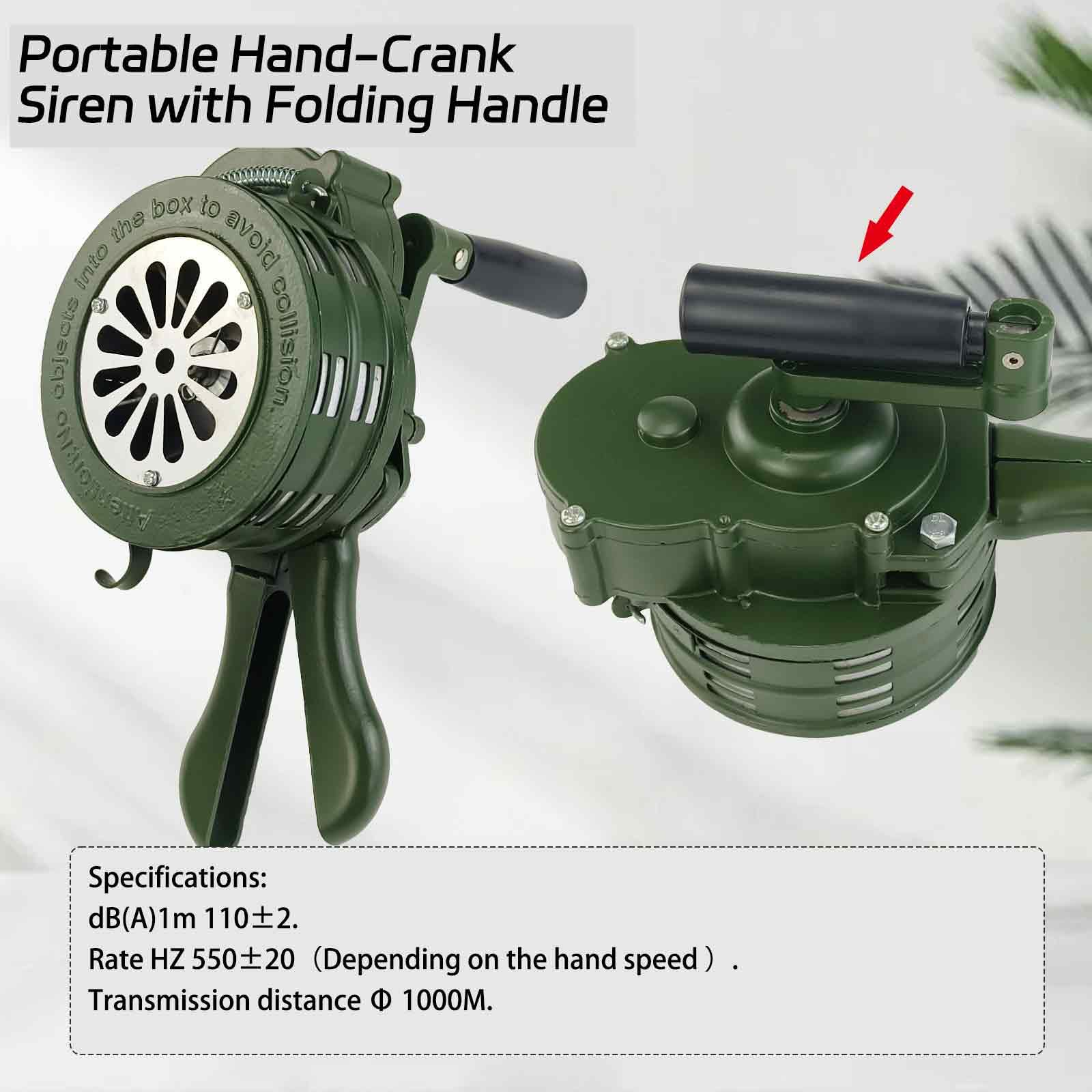 Sirena de mano Air Raid de aleación de aluminio de 110 dB, manivela de 110 dB, alarma de emergencia manual para supervivencia y seguridad