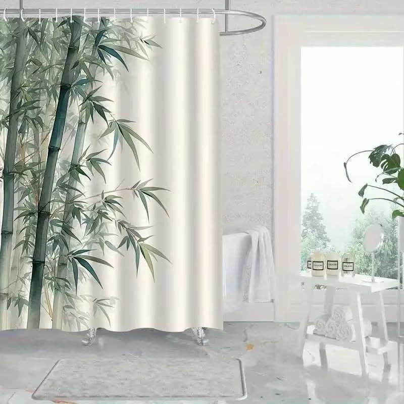 Rideau de Douche en Bambou Tissu Imperméable Lavable avec Crochets Anti Moisissure en Polyester Rideau Douche pour Baignoire Cabine de Douche 200x260cm/WxL