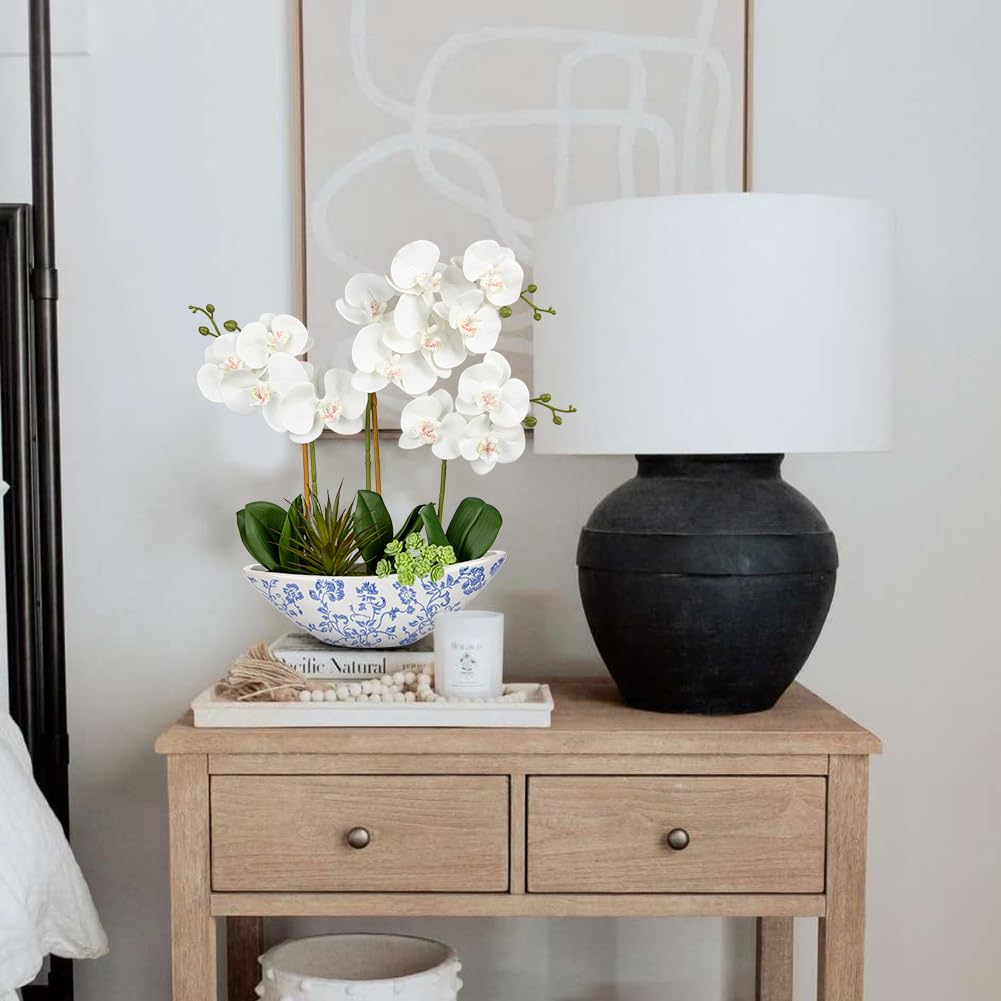 Oairse Kunstpflanze Orchideen Künstliche Deko Blumen Kunstblumen Wie Echt Mit Real-Touch Blüten im Weißer und Blauer Keramikvase Tischdeko Fensterbank Deko, Höhe 44cm