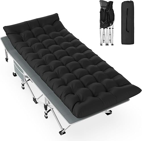 Slendor - Cuna plegable de campamento negra, cuna para dormir para adultos con bolsa de transporte, colchón, cama de campamento portátil Oxford de