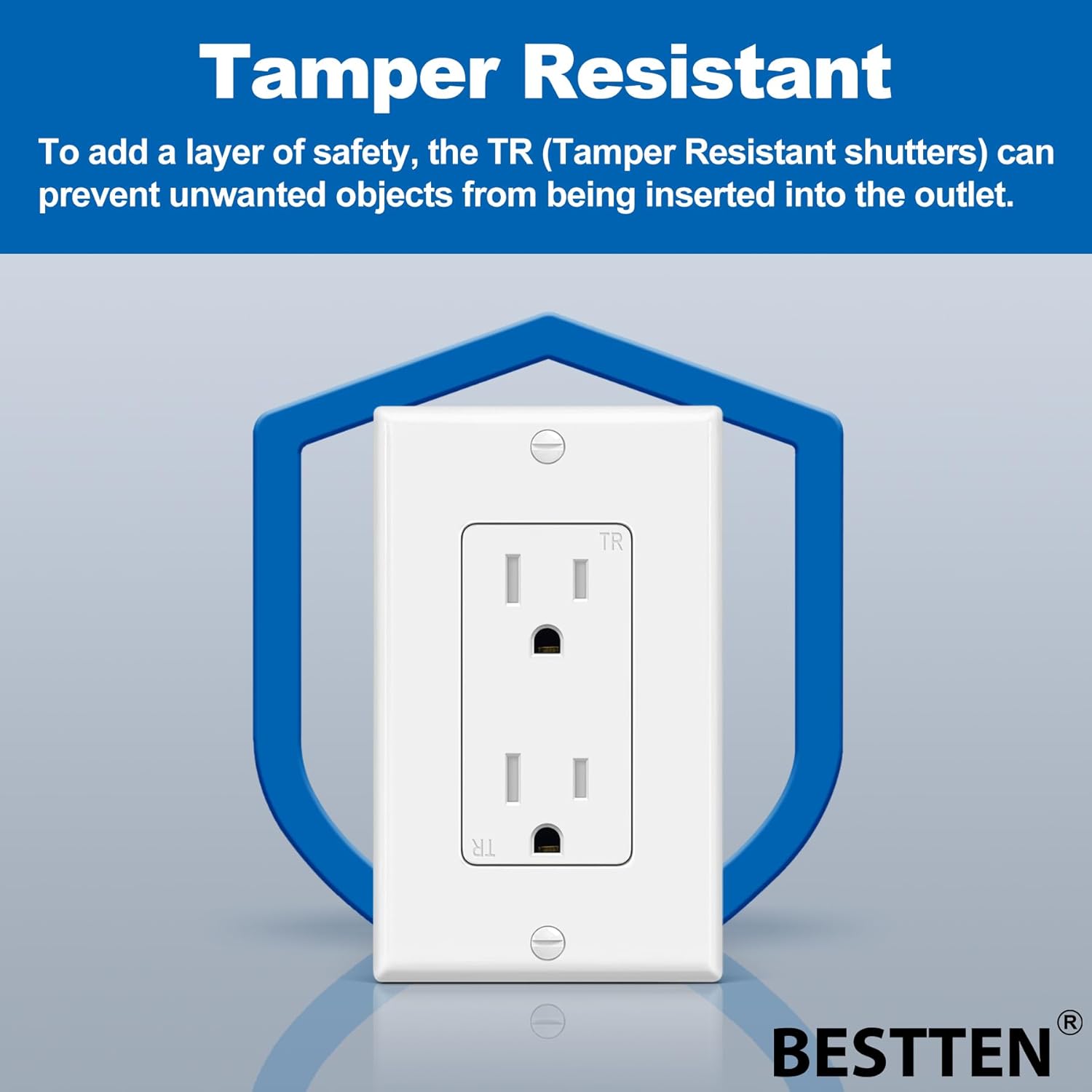 BESTTEN 100 Pack 15 Amp Outlet, Decorator Receptacle Outlet, Standard Electrical Wall Outlet, Tamper Resistant, Residential and Commercial Use, Wallplate Included, 15A/125V/1875W, UL Listed, White