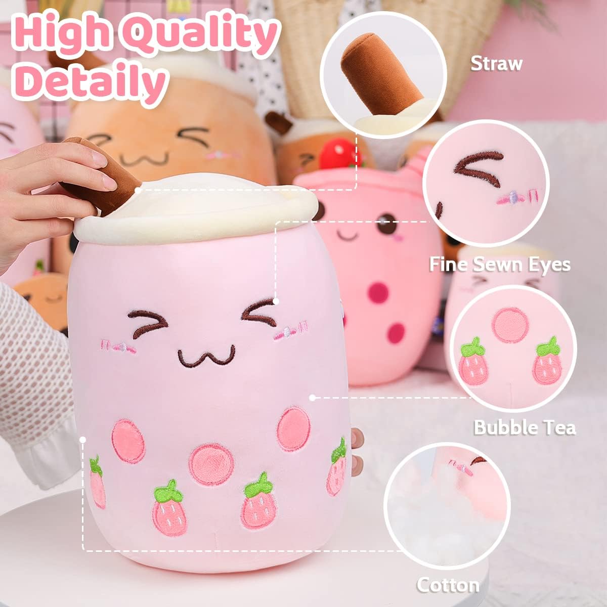 AIXINI Strawberry Boba Plush 9.4 inch Pink Stuffed Bubble Tea Plushie Milk Tea Cup Plush, Soft Kawaii for Kids