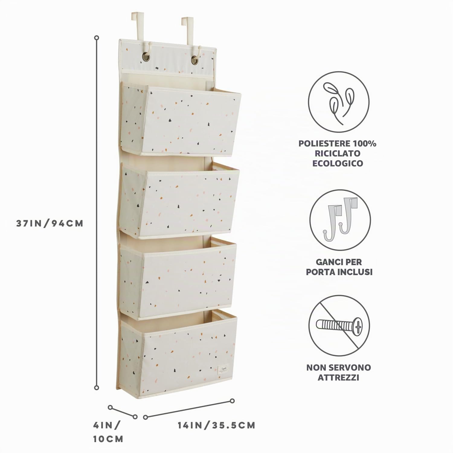 3 Sprouts Organizer da Appendere, 4 Tasche e 2 Ganci, Terrazzo Crema | organizer pensile; per pannolini, vestiti, giochi e cameretta; aggancio alla porta; libera spazio su scaffali e mobili
