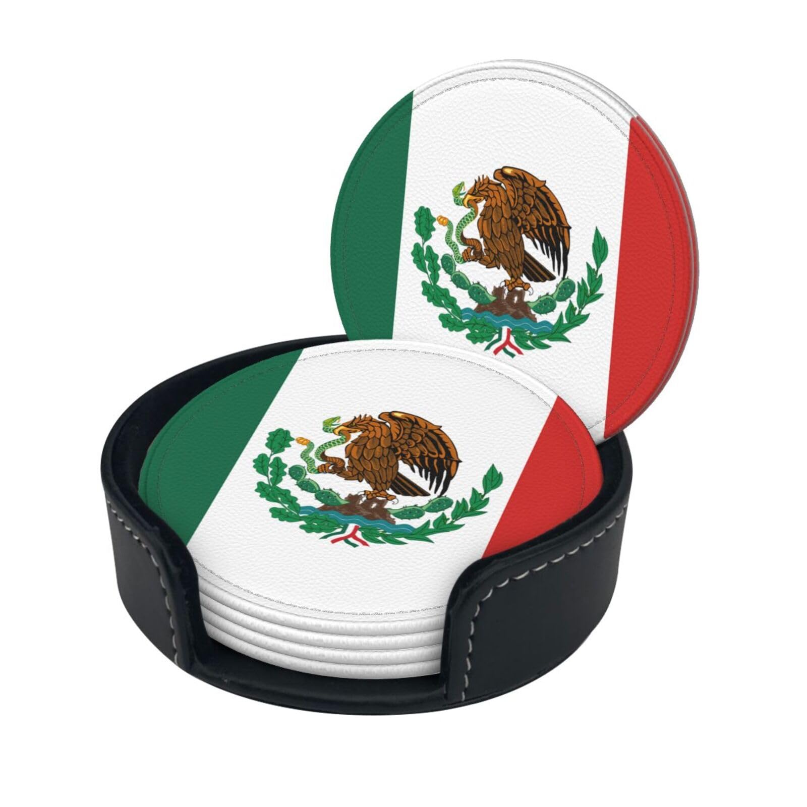 Flag of Mexico Drink Coasters Set of 6 with Holder Decorative Round Cup Coasters for Coffee Table Kitchen Office Bar