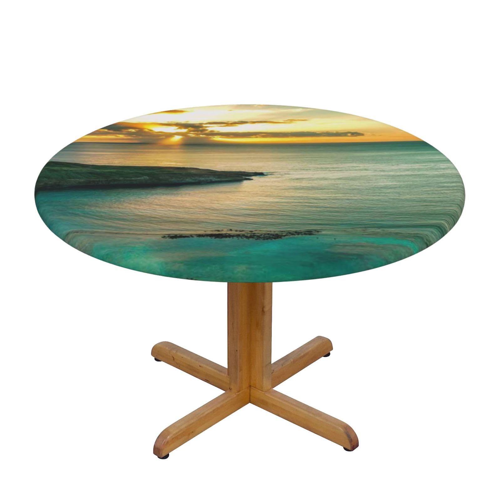 BNVSADC Sunrise Over Hanauma Bay Oahu Hawaii Printed Round Tablecloth with Elastic Edged, S(122CM Diameter), Kitchen Water Resistant Fabric Table Cloth Dining Table Decoration Table Covers