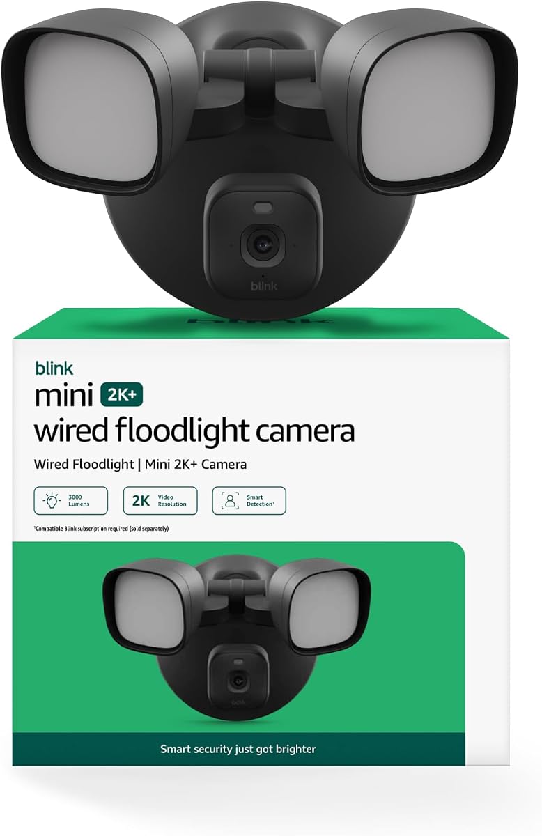 Mini cámara reflectora con cable 2K+ (modelo más nuevo): seguridad inteligente con cable, 3000 lúmenes, video 2K, activada por movimiento: 1 cámara (negro), 1 soporte (negro)