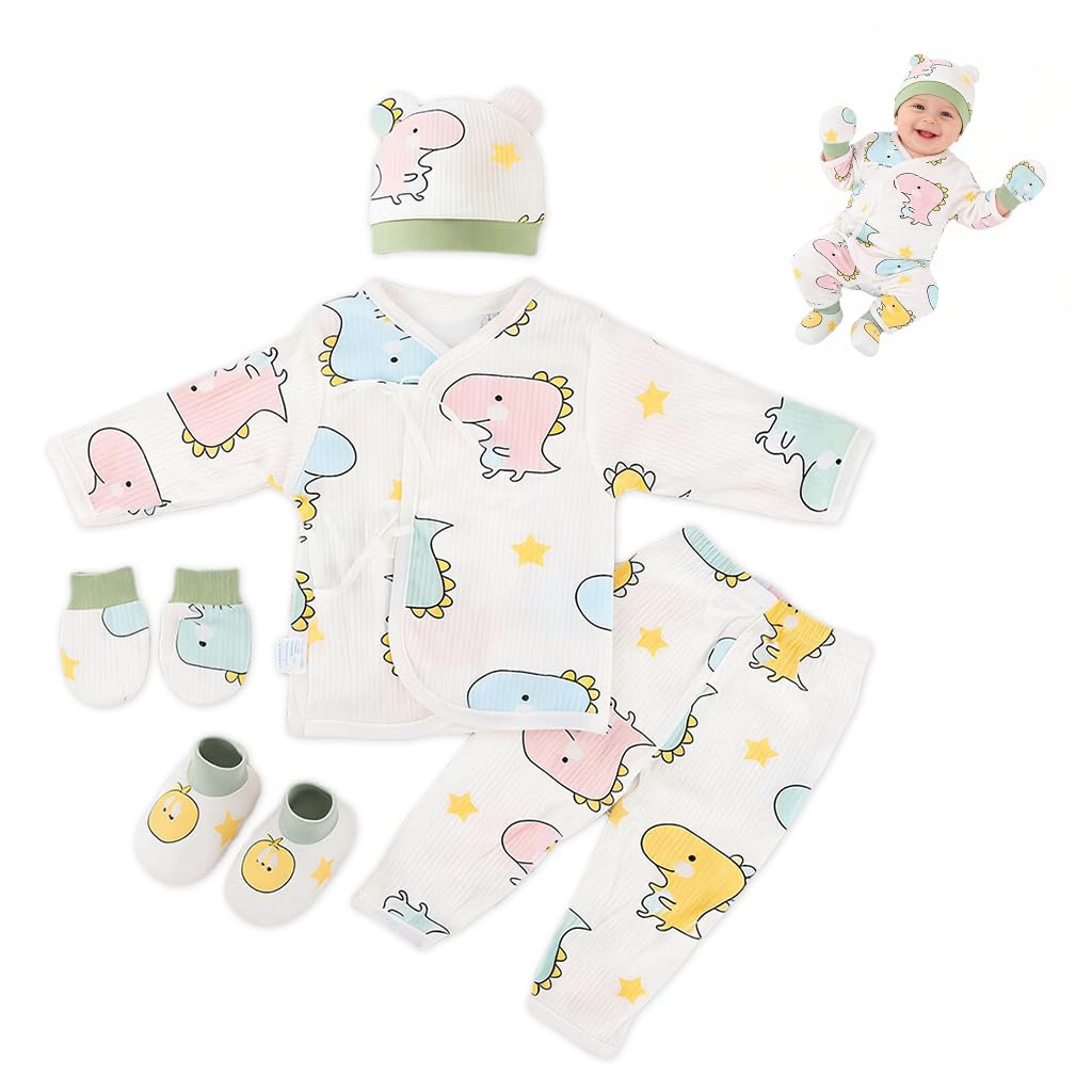 snowie soft 5Pcs Set Dinosaur New Born Baby Clothes 0-3 Months with Cotton Long Sleeve Top and Pants, Gloves, Socks, Bear Ear Hat, Infant Clothes 0-3 Months New Born Baby Gifts Shower Gift-picture-21