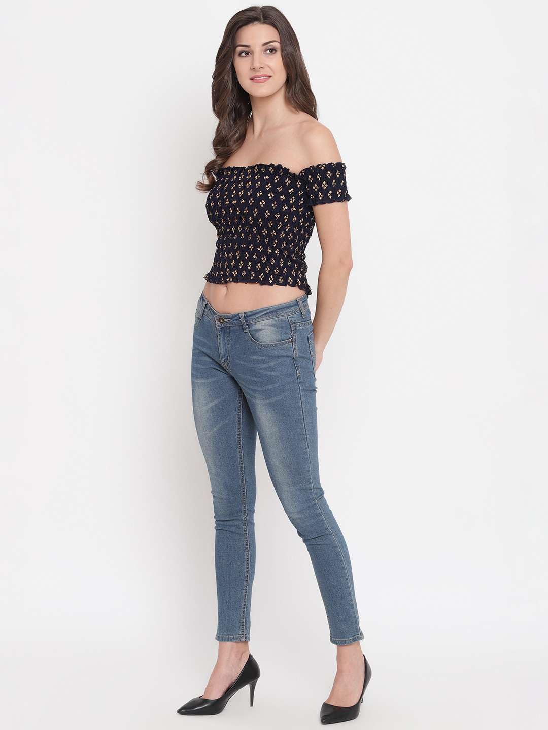 UMIKA IMPEX Women's Rayon Printed Off-Shoulder Smocked Crop Top Short Sleeve Casual Styles Tank Top (Free Size) Multi12