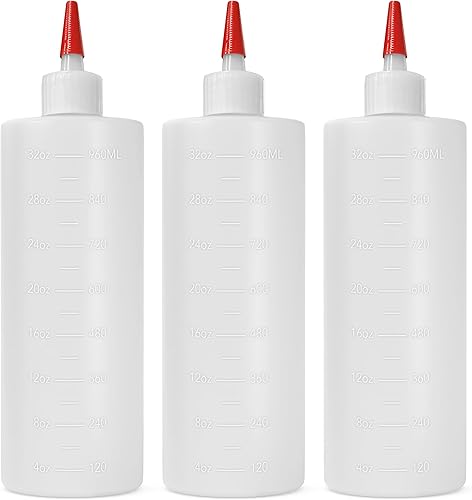 Miniatura 1 de Paquete de 3 botellas de plástico para salsas, botellas exprimibles de condimentos de 32 onzas para líquidos, botella de chorro sin BPA con tapa,